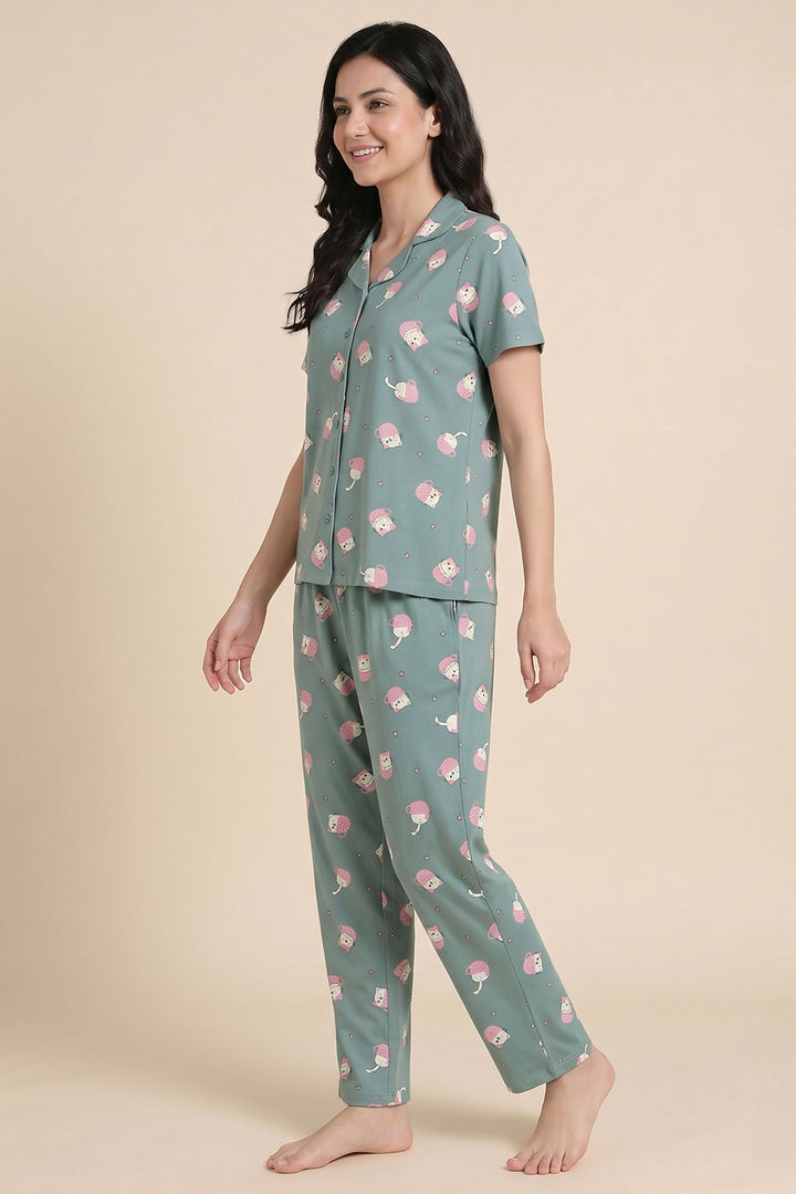 Zivame Farm Lore Knit Cotton Pyjama Set - Iceberg Green — image 3